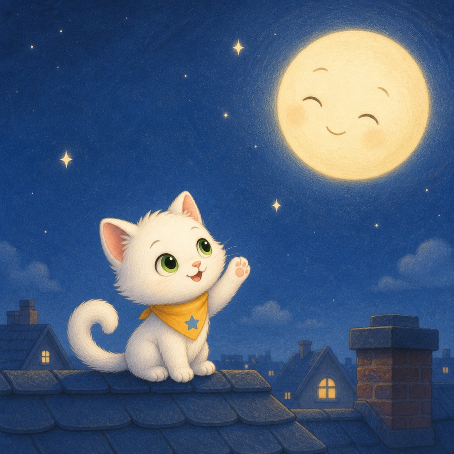 Nikola the white kitten looking up at a smiling moon